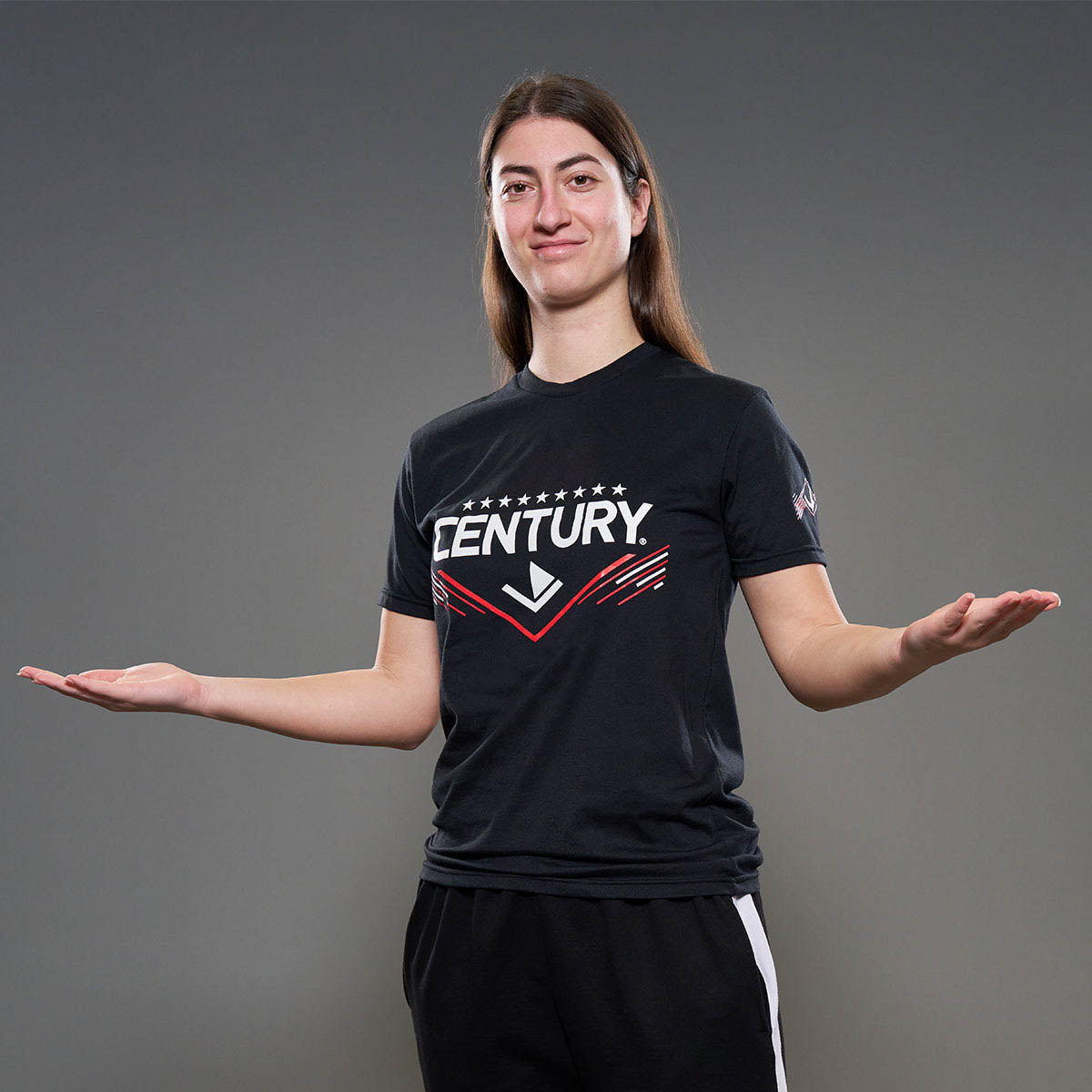Black unisex t-shirt with 'CENTURY' logo on front and small sleeve logo
