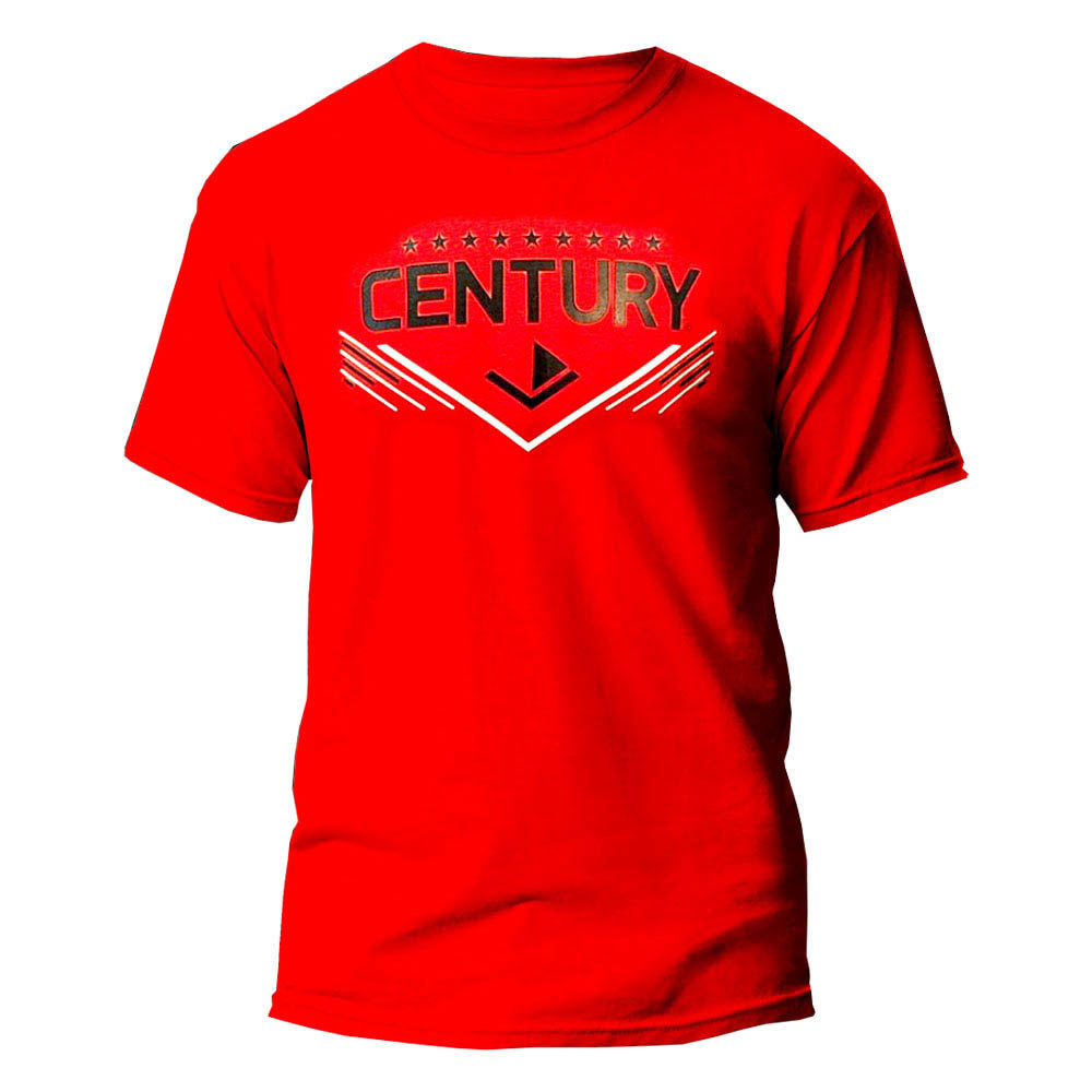 Red unisex t-shirt with CENTURY front logo and outlined chevrons