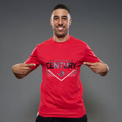 Red unisex t-shirt with front CENTURY logo graphic, model wearing it