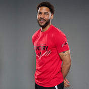 Red unisex t-shirt with front graphic and small sleeve logo, side view