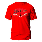 Red unisex T-shirt featuring “CENTURY” chest graphic with star accents.
