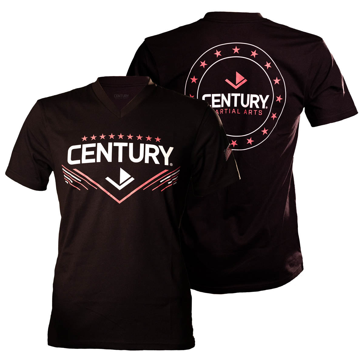 Women's black graphic t-shirt pair: front Century text with chevrons, back star emblem.