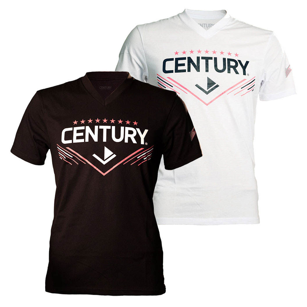 Women's black V-neck T-shirt with Century martial arts logo front print