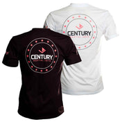 Women's black V-neck T-shirt front and white back print with Century martial arts logo