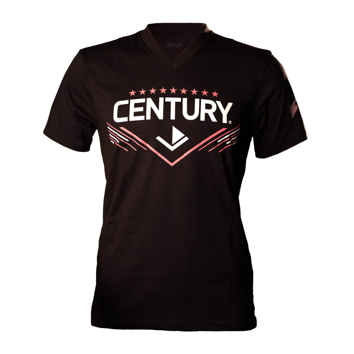 Women's black V-neck T-shirt with Century martial arts chest logo graphic