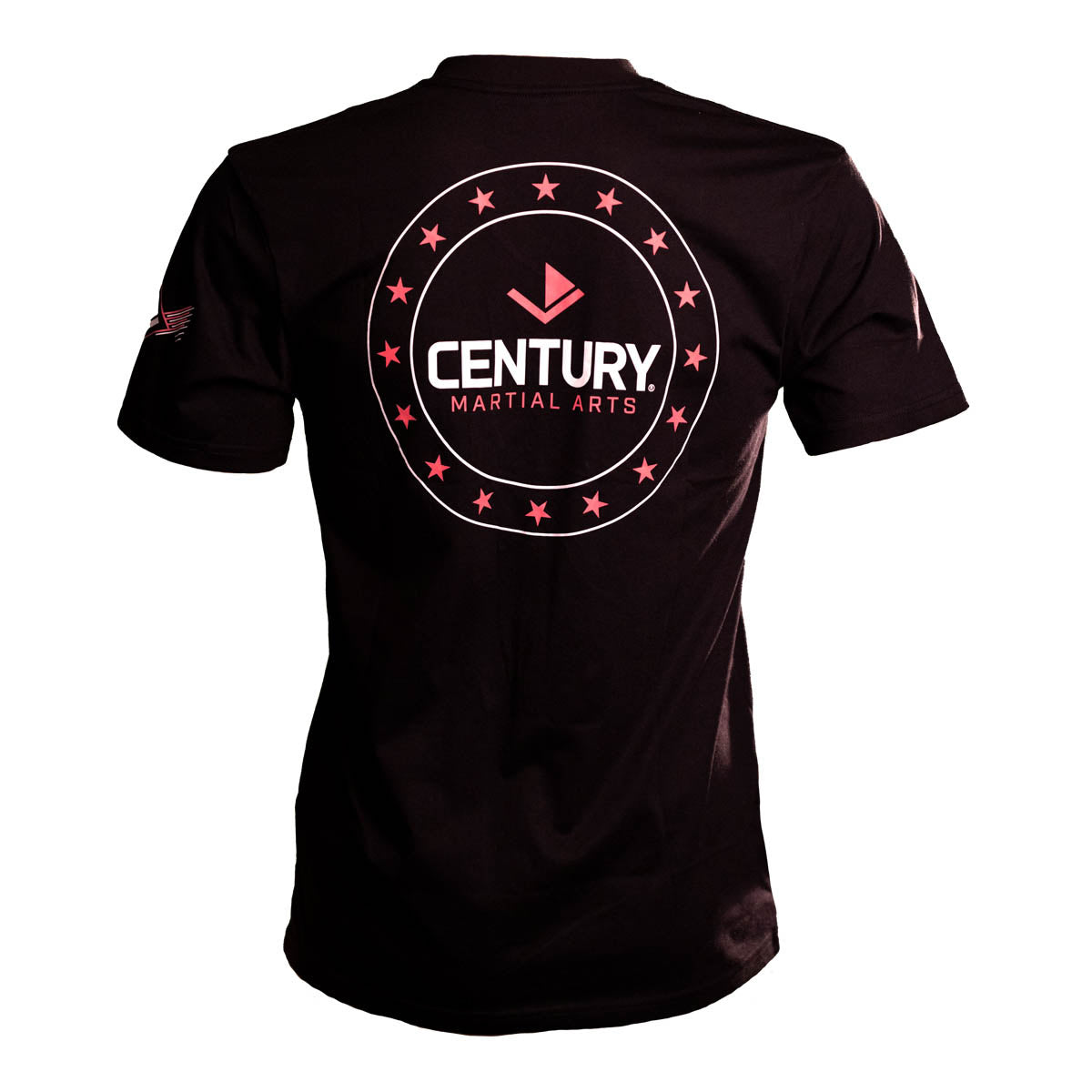 Women's black V-neck T-shirt with Century martial arts circular logo on back