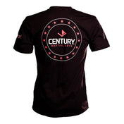 Women's black V-neck T-shirt with Century martial arts circular logo on back