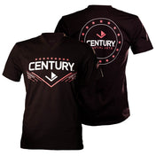 Women's black V-neck T-shirt front and back with Century martial arts logo graphics