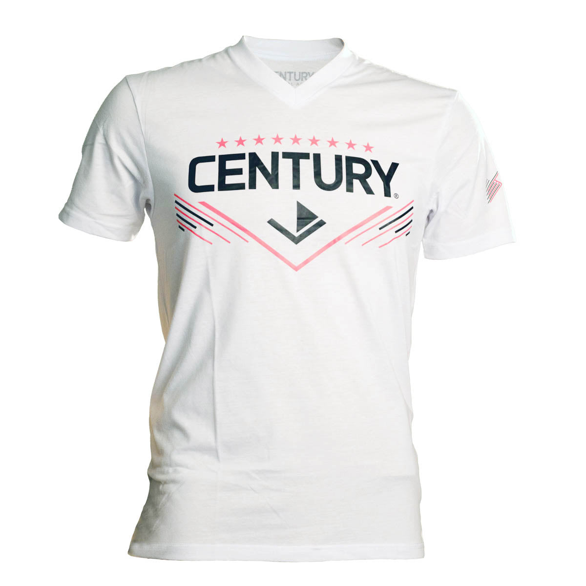 Women's white V-neck T-shirt with Century martial arts chest logo and red stripes