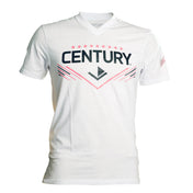 Women's white V-neck T-shirt with Century martial arts chest logo and red stripes