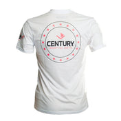Women's white V-neck T-shirt with Century martial arts circular logo on back
