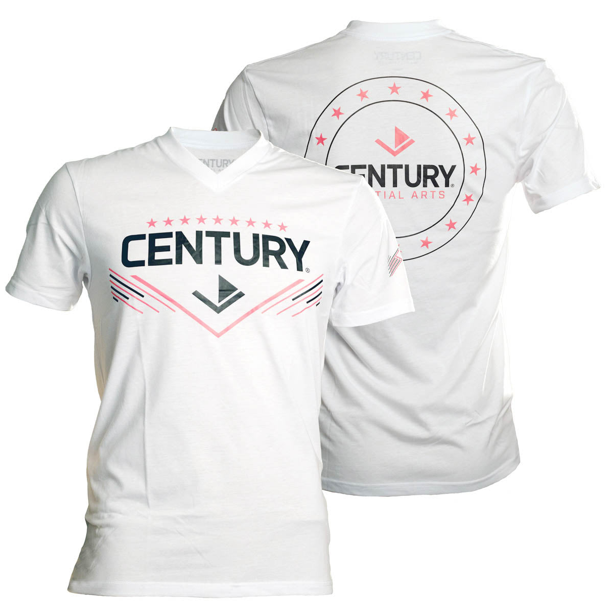Women's white V-neck T-shirt with Century martial arts front logo and circular back logo