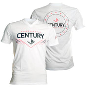 Women's white V-neck T-shirt with Century martial arts front logo and circular back logo