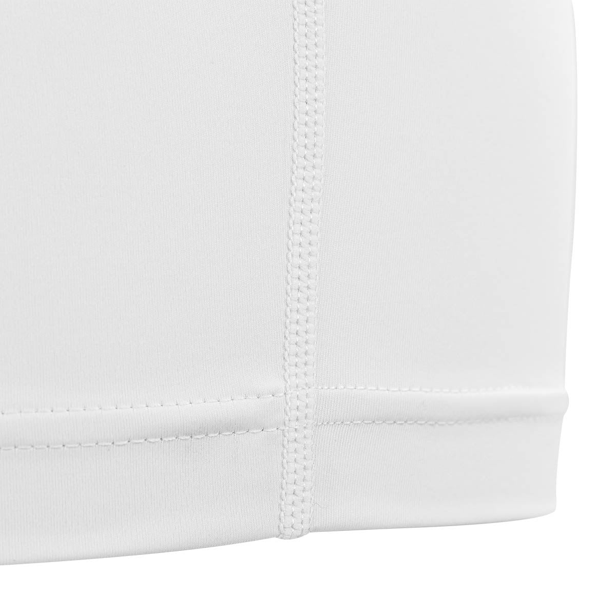 White compression shorts for gi, close-up of hem stitching and seam