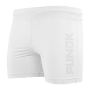 White compression shorts with PUNOK logo detail and flatlock seams