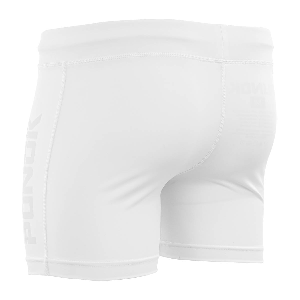 White compression shorts for gi, side view with partial logo