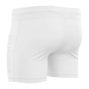 White compression shorts for gi, side view with partial logo