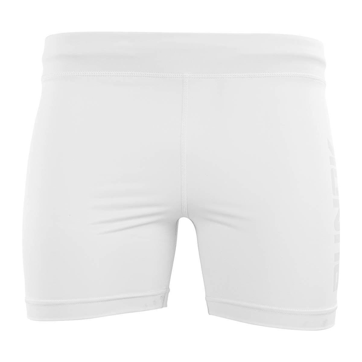 White compression shorts for gi, front view with full waistband
