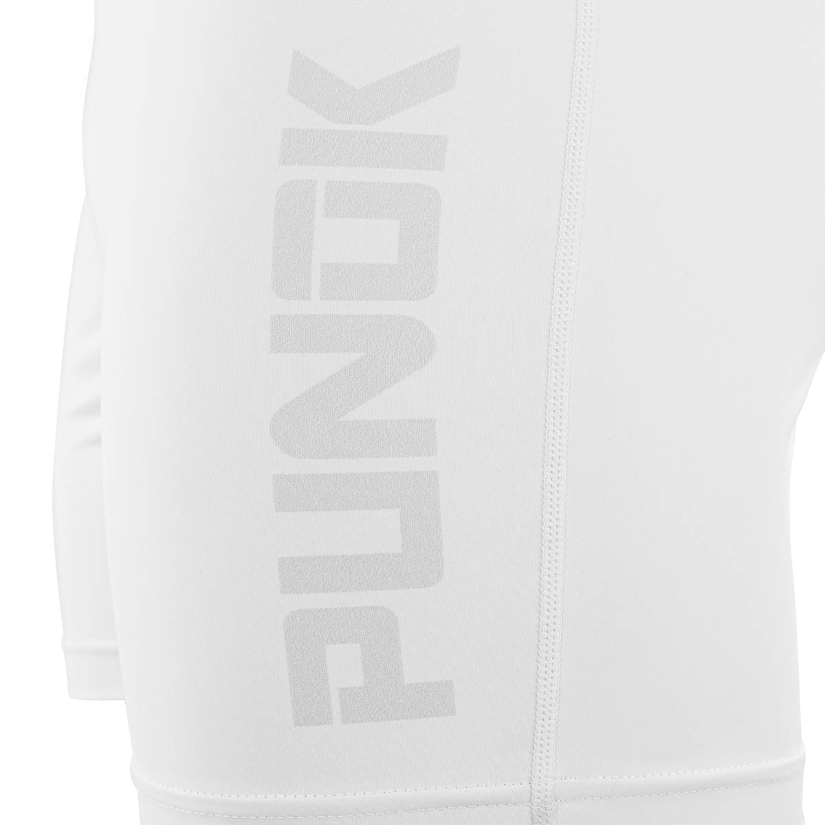 White compression shorts for gi, close-up of vertical logo panel
