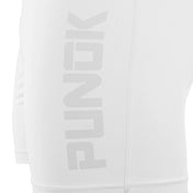 White compression shorts for gi, close-up of vertical logo panel