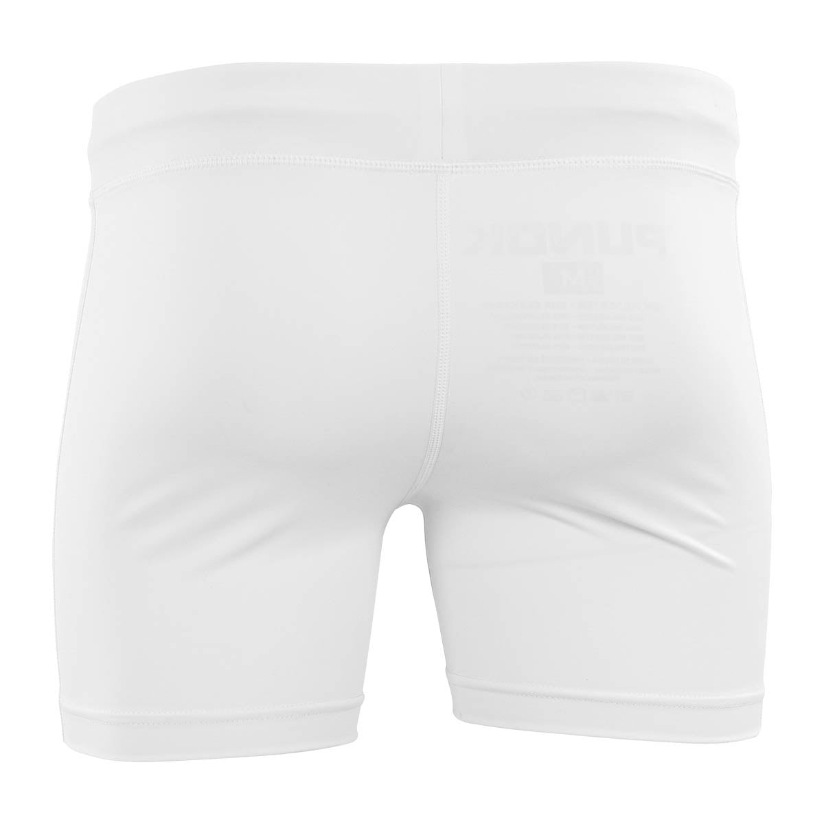 White compression shorts for gi, back view with waistband and center opening