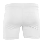 White compression shorts for gi, back view with waistband and center opening
