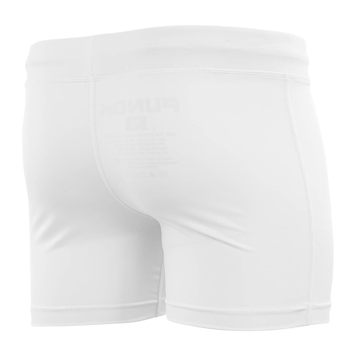 White compression shorts for gi, back side view with molded contoured fit
