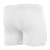 White compression shorts for gi, back side view with molded contoured fit