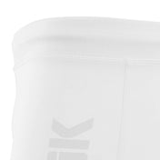 White compression shorts for gi, close-up of waistband and logo