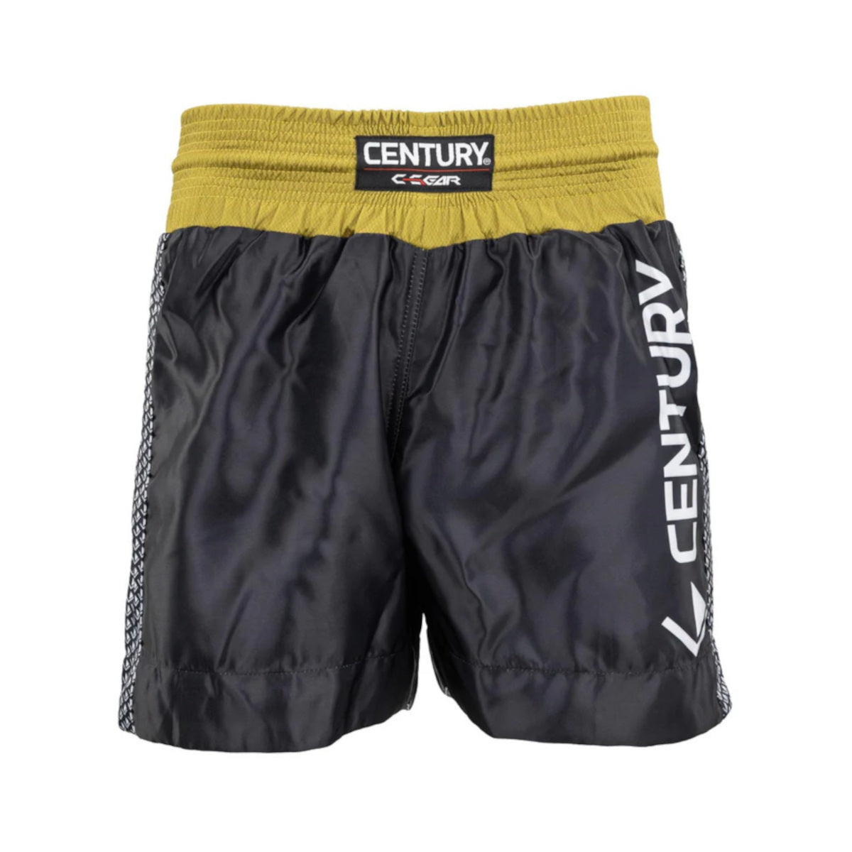 Dark kickboxing shorts with yellow waistband; side vent-style fabric and Century brand patch.