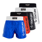 Kickboxing shorts color assortment: blue, white, black, and red, each with Century label.