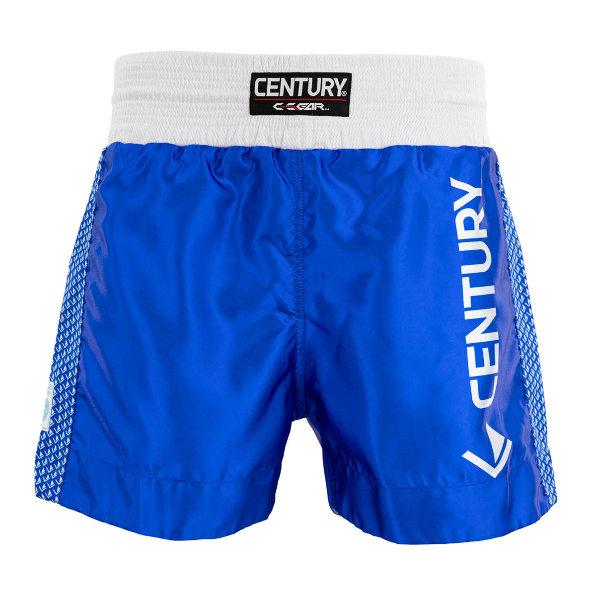 Blue kickboxing shorts with white elastic waistband; Century logo patch and “CENTURY” side print.