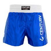 Blue kickboxing shorts with white elastic waistband; Century logo patch and “CENTURY” side print.
