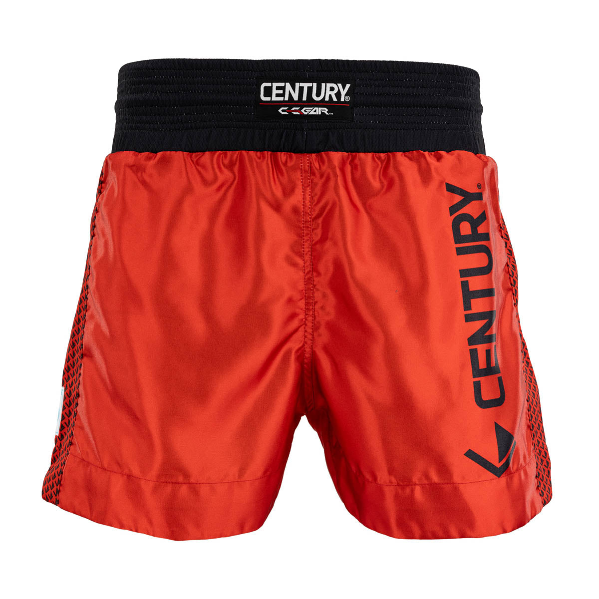 Red kickboxing shorts with black elastic waistband; Century logo patch and side “CENTURY” print.
