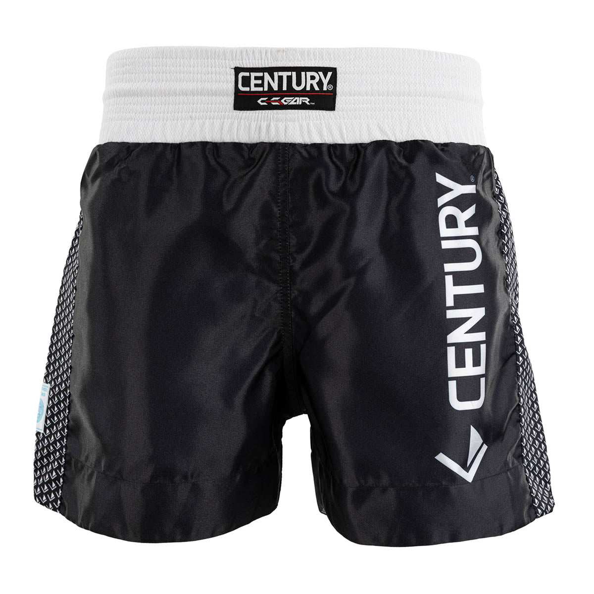 Black kickboxing shorts with white elastic waistband; Century logo patch and side “CENTURY” print.