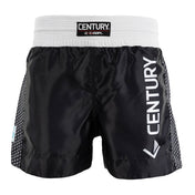 Black kickboxing shorts with white elastic waistband; Century logo patch and side “CENTURY” print.