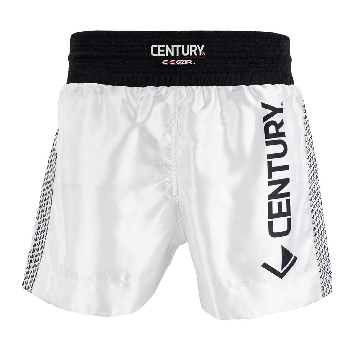 White kickboxing shorts with black elastic waistband; Century logo patch and “CENTURY” side print.