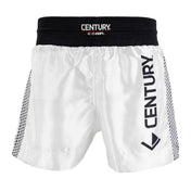 White kickboxing shorts with black elastic waistband; Century logo patch and “CENTURY” side print.