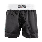 Black kickboxing shorts with white elastic waistband and Century logo patch