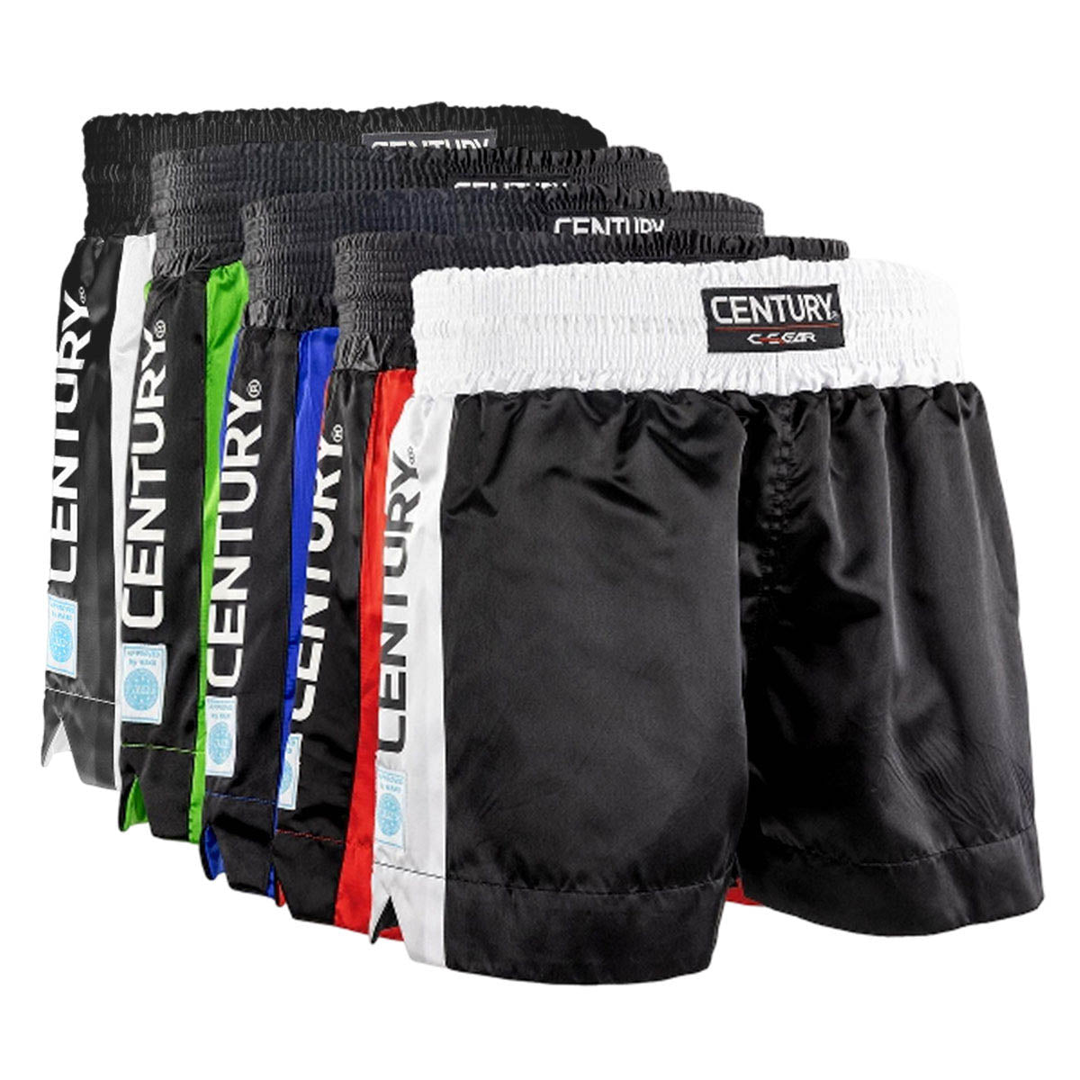 Kickboxing shorts set with elastic waistband in black, white, blue, green, and red pairs
