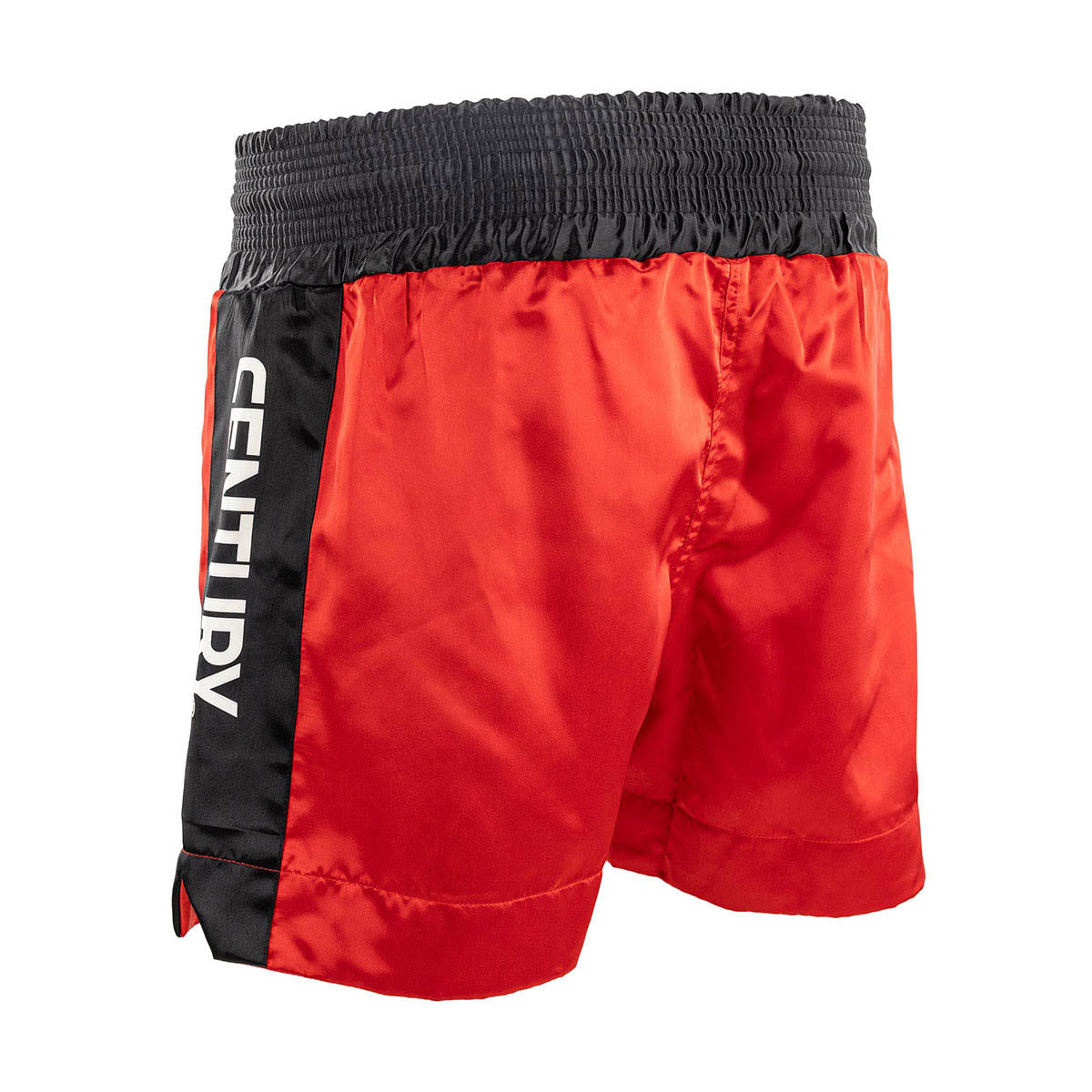 Red kickboxing shorts with black side stripe and elastic waistband