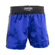 WAKO kickboxing shorts in blue, with black elastic waistband and side logo