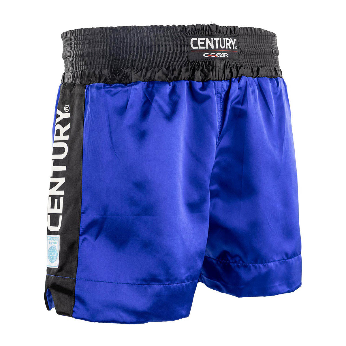 WAKO kickboxing shorts in blue, side view with black logo strap panel
