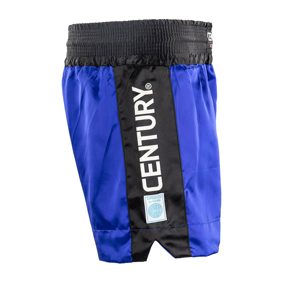 WAKO kickboxing shorts in blue, front view with black center logo panel