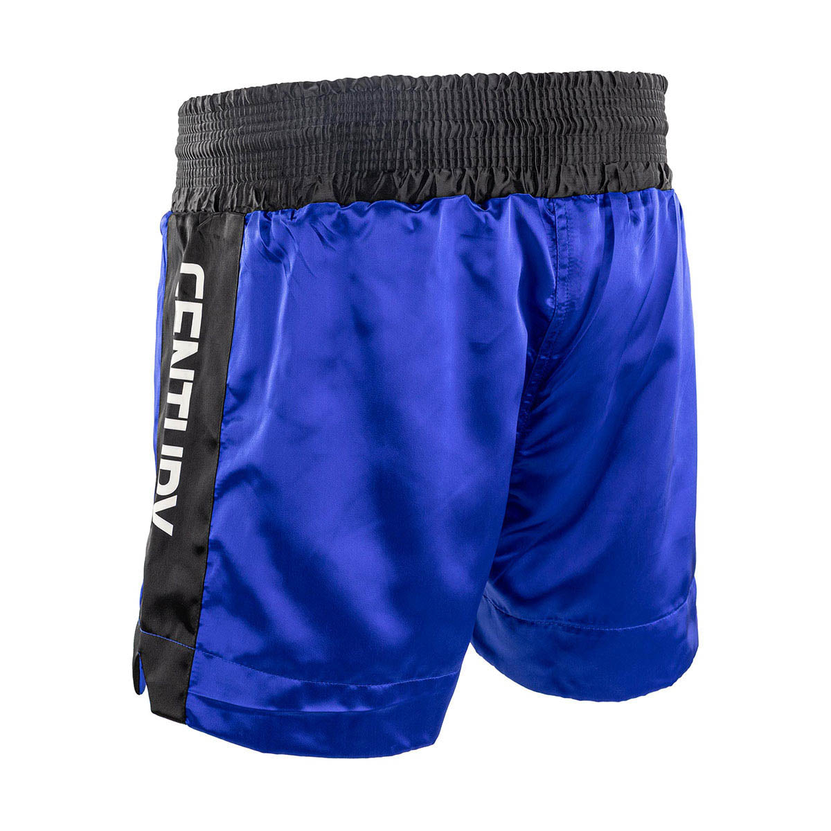 WAKO kickboxing shorts in blue, angled view with black side stripe logo