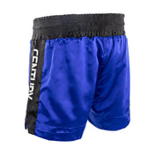 WAKO kickboxing shorts in blue, angled view with black side stripe logo