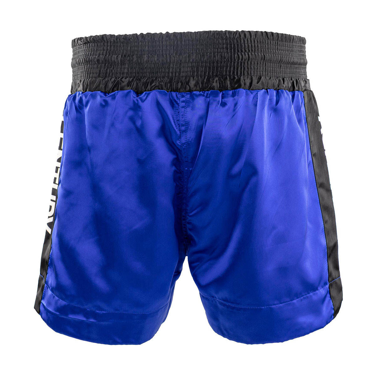 WAKO kickboxing shorts in blue, back view with black waistband and side straps