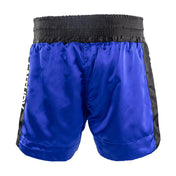 WAKO kickboxing shorts in blue, back view with black waistband and side straps