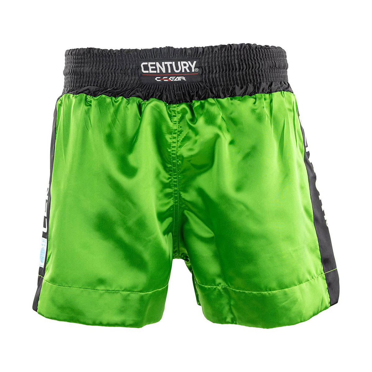 WAKO kickboxing shorts in neon green, with black elastic waistband and side logos