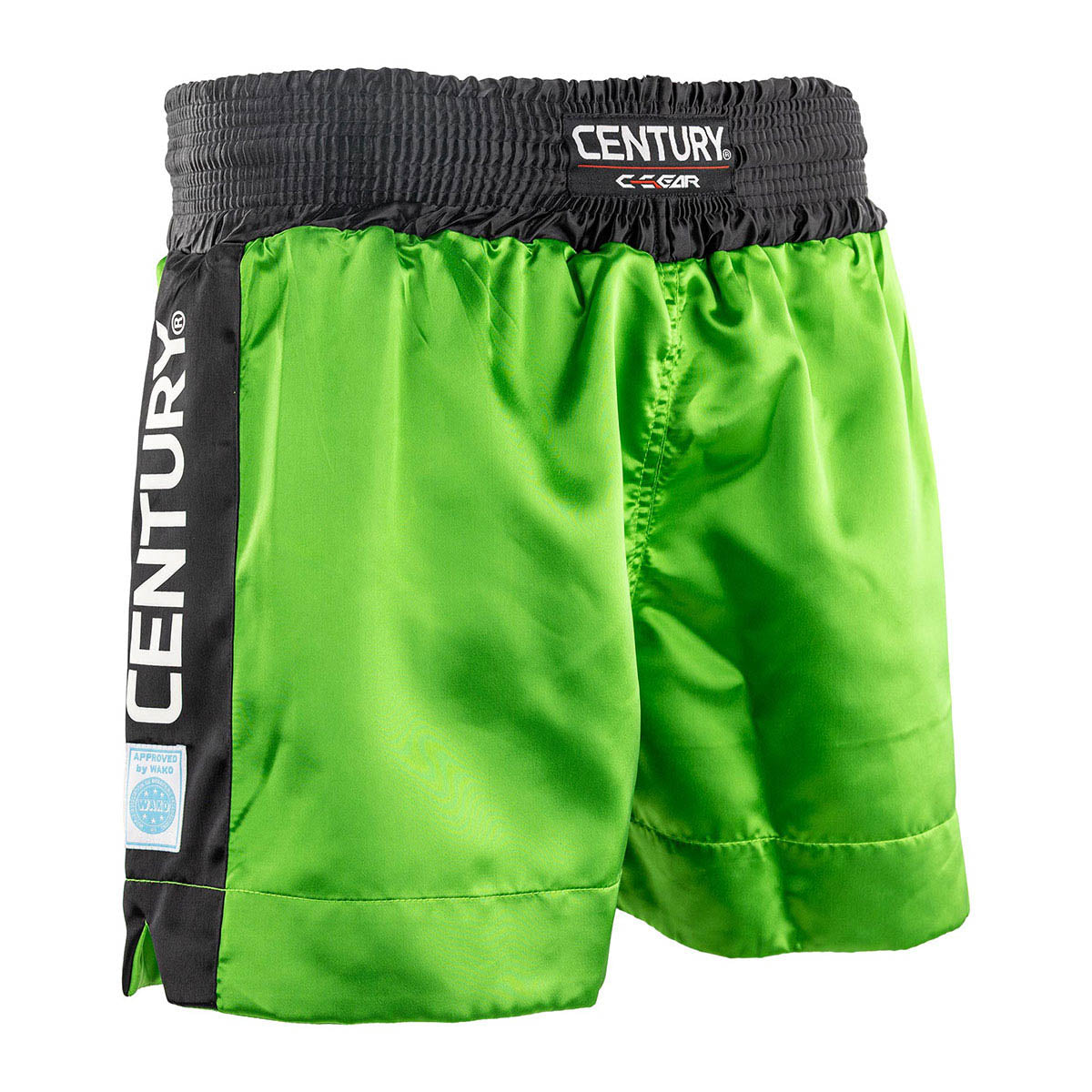 WAKO kickboxing shorts in neon green, side view with black logo strap panel